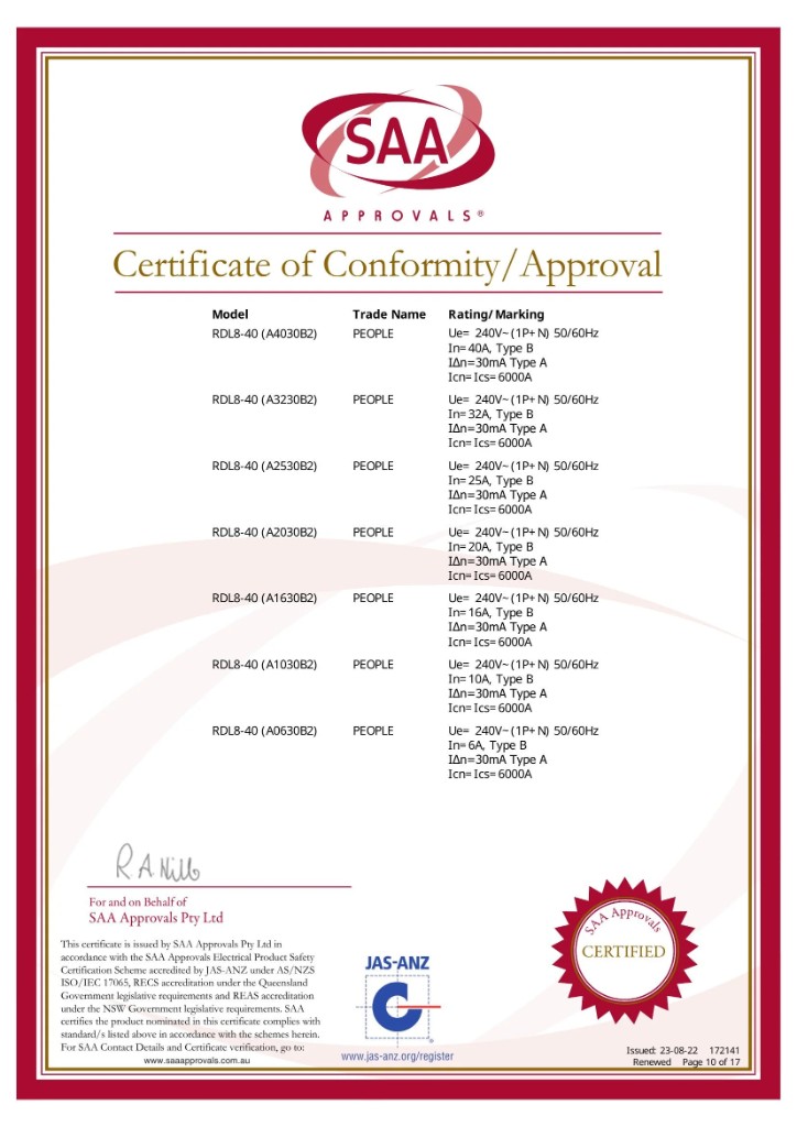 SAA Certificate of Conformity / Approval