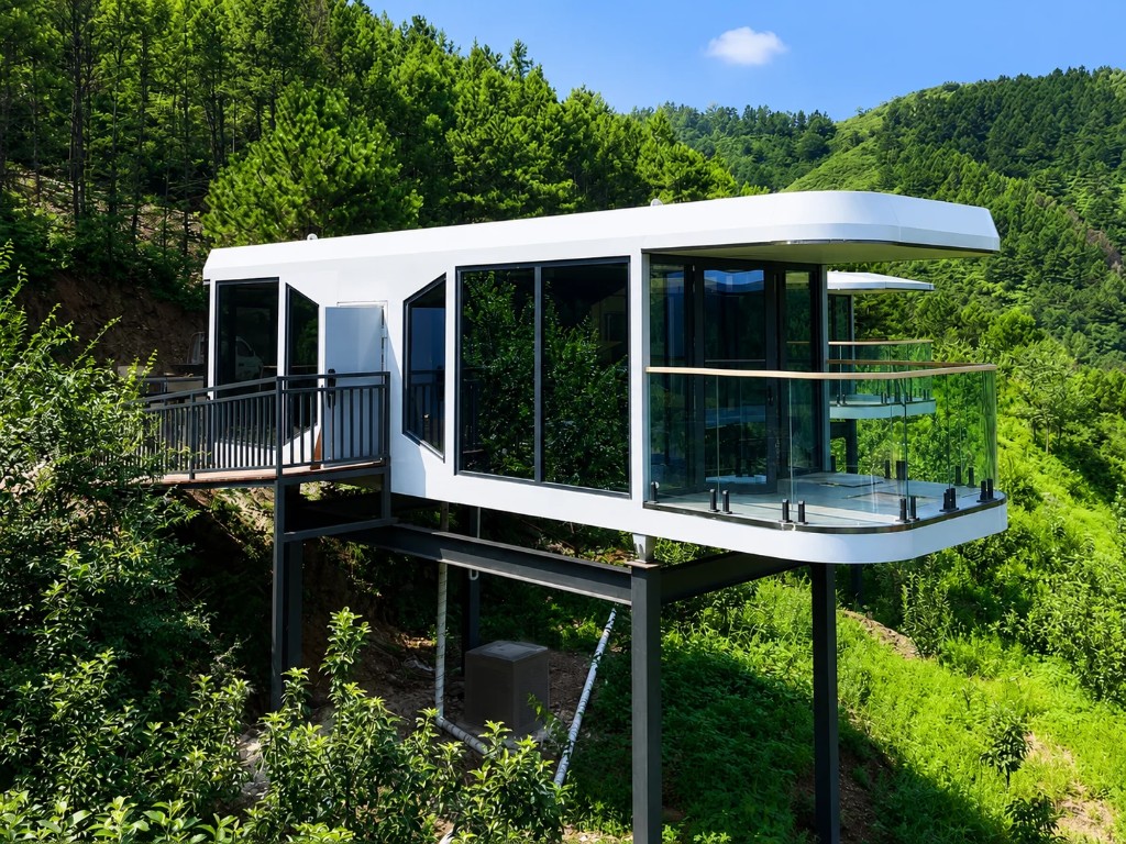 Space capsule house on forested hillside
