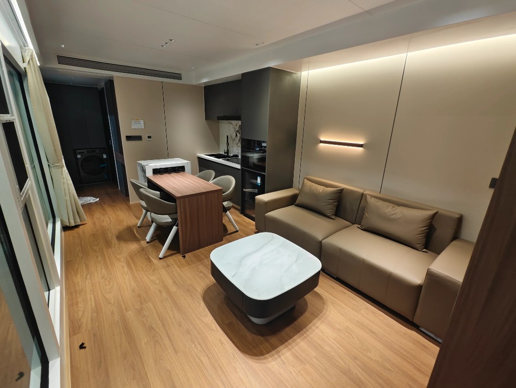 Space capsule interior living and kitchen space